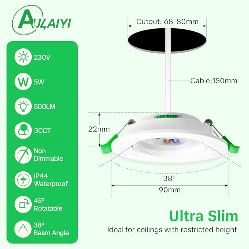 Aulaiyi LED Recessed Spotlight 230 V 68-80 mm Hole Size 5 W IP44 LED Spot Ultra Flat Ceiling Spotlights 45° Swivelling Recessed Lights 2700 K / 4000 K / 6000 K Spotlights Ceiling Light for Bathroom