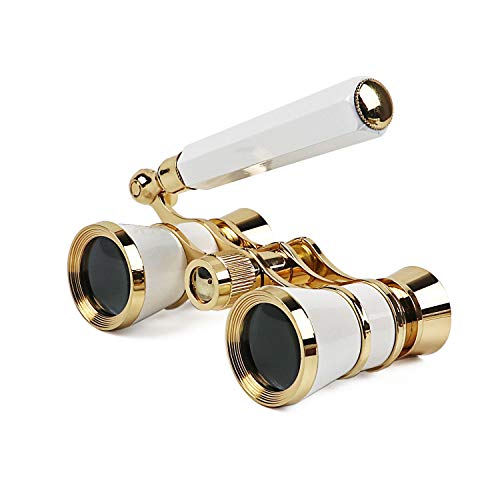 Kingscope 3X25 Vintage Opera Glasses Binoculars for Theater Musical Concert (Lorgnette, White, with Handle)