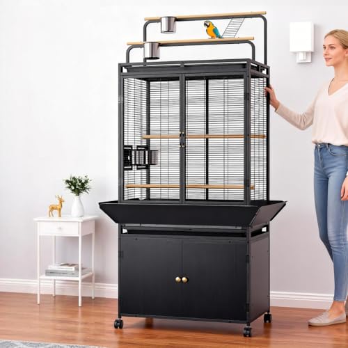 71 Inch Large Bird Cage with Play Top & Storage Cabinet, Flight Birdcage for Pa…