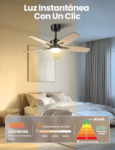 Airwit Ventilador de Techo, Lámpara Ventilador de Techo 42 Pulgadas/107 cm, Abanico de Techo Silenciosos con Control Remoto y Luz LED para el Hogar, 6 Velocidades, Motor de CC Reversible, Negro