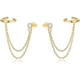 Double Layer Chain Ear Cuff Halo Round Cut CZ S925 Sterling Silver Stud Earrings for Women 14k Gold Plated Cartilage Clip on Huggie Hoops Climber Crawler Long Chain Dangle Drop Fashion Jewelry Bff