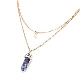 Jewelry Gemstone Rock Natural Crystal Quartz Healing Point Chakra Stone Gold-plated Choker Pendant Necklace (Deep-blue)