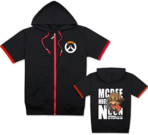 Adult Unisex Overwatch Game Anime Short-Sleeved Cotton Zipper Hoodie T-shirt Black MccRee Red XXXL