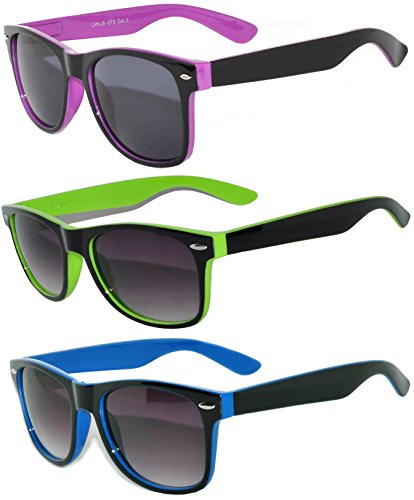 3 Pairs Vintage Two -Tone Smoke Lens Sunglasses Purple, Green, Blue