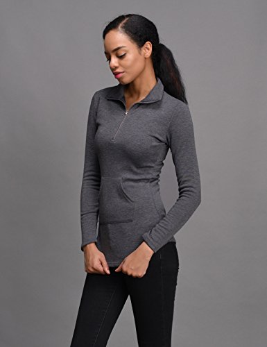 NEARKIN (NKNKWTT791 Women Soft Fleece Lined Comfy Slim Cut Upturned Collar Zipup Tshirts Charcoal US L(Tag Size XL) - Thumbnail 5