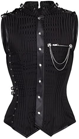 Gothic Black Brocade Overchest Men's Corset with Hanging Chain-28