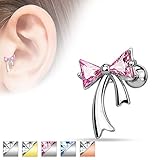 Bow Ribbon with CZ Accents Tragus Barbell 316L Surgical Steel Cartilage Bar Helix Piercing 16g