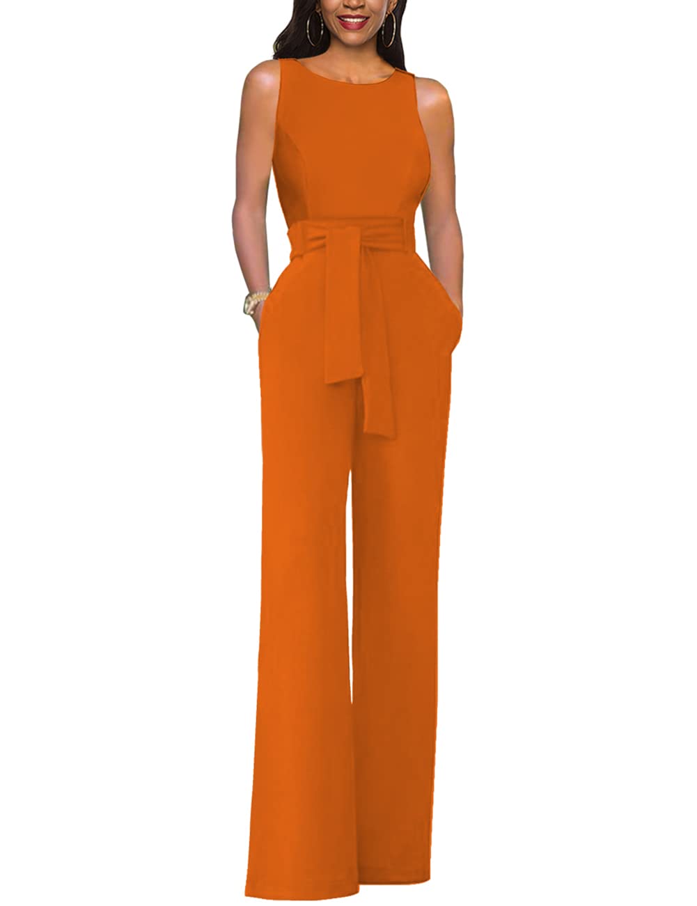 Photo 1 of LILYIN Women’s Sleeveless Belted High Waist Wide Leg Jumpsuit with Pockets (L, Orange)