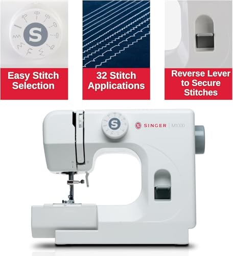 SINGER M1000 Mending Machine | Compact, Lightweight & Portable With 32 Stitch Applications & LED Light | Great for Light to Medium Weight Fabrics & Repairs – White