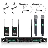 Wireless Microphone System, Phenyx Pro 4-Channel UHF Cordless Mic Set with Handheld/Lapel/Headset/Bodypack, Rugged Metal Build, Fixed Frequency, Long Range, Ideal for Church,Karaoke,Events(PTU-5000B)