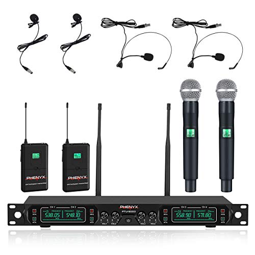 Wireless Microphone System, Phenyx Pro 4-Channel UHF Cordless Mic Set with Handheld/Lapel/Headset/Bodypack, Rugged Metal Build, Fixed Frequency, Long Range, Ideal for Church,Karaoke,Events(PTU-5000B)