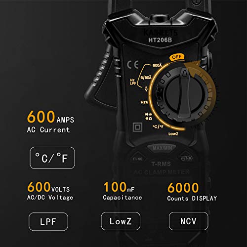 KAIWEETS Digital Clamp Meter T-RMS 6000 Counts, Multimeter Voltage Tester Auto-ranging, Measures Current Voltage Temperature Capacitance Resistance Diodes Continuity Duty-Cycle (AC Clamp Meter)