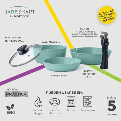 JadeCook Bateria de Cocina Jade Smart de 10 Piezas Recubrimiento Antiadherente con Mango Removible Sarten 20 cm Cacerola 20 cm Wok 24 cm Libre de Toxicos Set de Ollas para Cocina