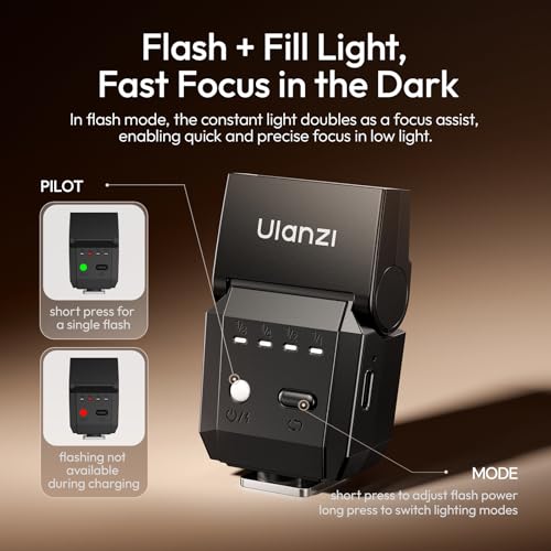 ULANZI SL03 Camera Mini Flash Speedlite with Video Light, GN8 6500K External Flash 90° Angle Adjustable Speedlite Compatible with Sony/Canon/Fuji/Nikon DSLR, Universal Single Contact Hot Shoe Mount