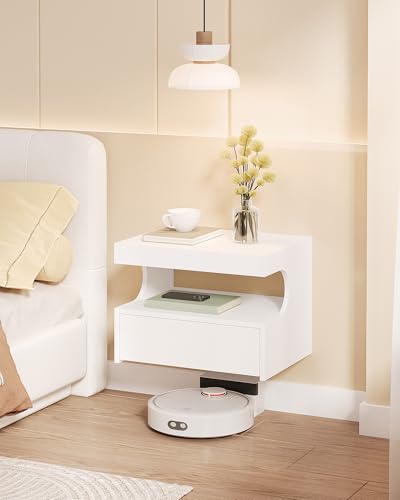Hzuaneri Floating Bedside Table, U-Shaped Design, White | NS50103X Modern Hanging Shelf and 1 Drawer with Runners, Bedroom and Living Room, 30 x 40 x 29.2 cm
