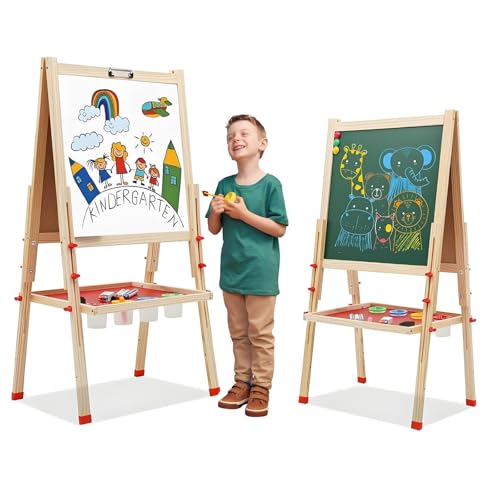 Hcosmy Wooden Art Easel for Kid, Double Sided Kids Easel with Whiteboard & Chalkboard, Height Adjustable Standing Toddler Easel with Number and Painting Accessories, Education Gift for Boys and Girls