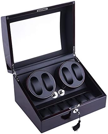 Topiaukstore Luxury Automatic Watch Winder Display Box Case 4+6 Leather Storage 4 Mode Timer Function [Wood Shell + Leather Pillow + Piano Paint + Tempered Glass] Safelty Lock & Key