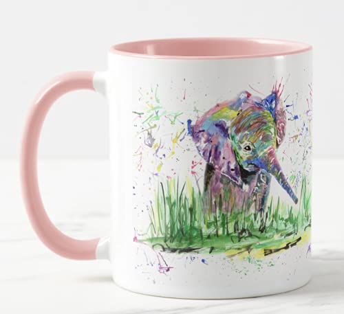 Vixar Elephant Watercolour Rainbow Art Coloured Mug Cup, Gift, Birthday, Work, Office, Christmas Tea Coffee (Pink)