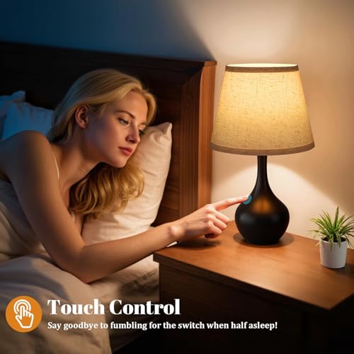 Touch Bedside Lamp for Bedroom, 3-Way Dimmable Farmhouse Table Light with Fabric Shade, Nightstand Light for Kids Room Reading, Home Office