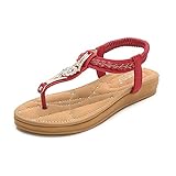 Wollanlily Women Summer Beach Bohemia Flat Sandals Rhinestones T Strap Ankle Strap Flip-Flop Thong Shoes Red-01 US 8