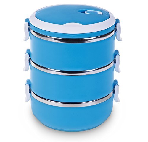 Huswell Tiffin Lunch Box, 3 Layer, Stainless Steel, Blue