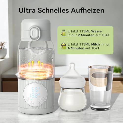 APZOKI Portable Bottle Warmer Baby On the Go Battery 380 ml for Breast Milk Water 10000 mAh Quick Heating Precise Temperature Control 100 W Long Battery Life USB-C Charging Leak-Proof Gift