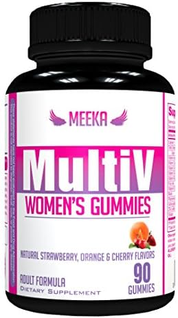 Meeka Nutrition - Multi V Womens Multivitamin Gummy - Vitamin A, C, D, E, B-6, Folic Acid, Biotin, Zinc &amp; More - Natural Strawberry, Orange &amp; Cherry Flavors - 90 Gummies