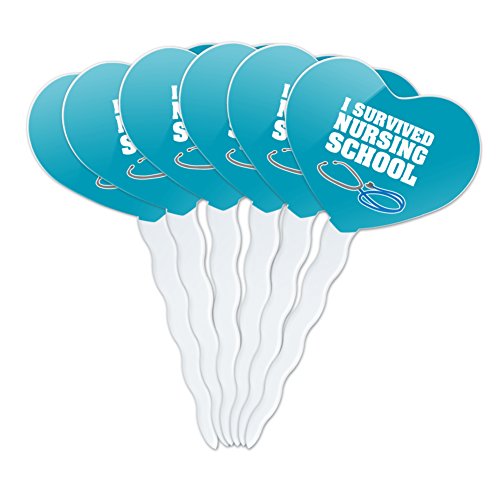 I Survived Nursing School Stethoscope RN Heart Love Cupcake Picks Toppers Decoration Set of 6