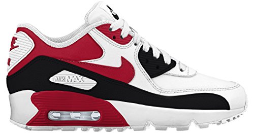 Nike GS Big Kids Air Max 90 Leather Fashion Shoes White/University Red/Black, 7
