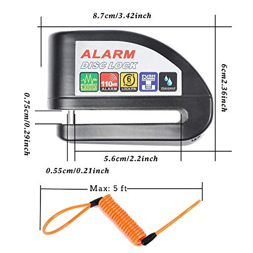 Disc Brake Lock With Alarm | Anti-theft Motorcycle Motorbike Alarm Disc Lock, Waterproof Brake Disc Pouch Wheel Security Lock | 110dB Alarm Sound and 6mm Pin with 5ft Reminder Cable for Motorcycles Bi - Thumbnail 6