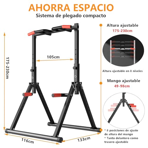 Rabbitstorm Barra de Dominadas Plegable de Torre Eléctrica, Barras Paralelas Calistenia Adjustable, Estación de Barra de Inmersión de Gimnasio en Casa, Estructura Triangular, Capacidad de Peso: 440LBS