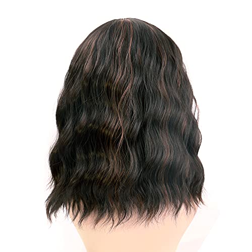 UHIBROS Short Wavy Wigs Black Highlight With Natural Bangs Shoulder Length Wig For Women Ladies Synthetic Heat-Resistant For Party Daily (Black Mixed Brown )