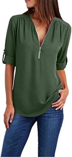 RENXINGLIN Women Chiffon Shirt Fashion Tops and Blouses V-Neck Long Sleeve Blouse Plus Size Shirt Army Green 5XL
