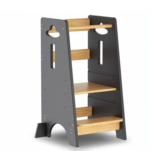 Lernturm ab 1 Jahr - Höhenverstellbarer Learning Tower für Kinder (3-stufig) - Montessori mit Kippschutz & Massivholz (Dunkelgrau und Holz)