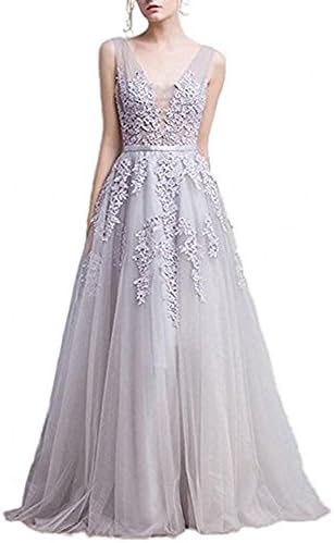 QueenDress Silver Women's Double V-Neck Tulle Appliques A Line Long Evening Cocktail Gowns US4