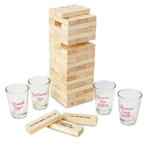 Tri-Coastal Design Shot Blocks Party Building Game with 60 Tower Playing Pieces and 4 Custom Shot Glasses with Funny Sayings for Bachelorette Parties and Girls Night Out