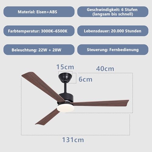 Homefire Ceiling Fan LED Light - 51.5 Inch Ceiling Light for Living Room Quiet 3 Blades Dimmable Large Size Modern Ceiling Light with Remote Control