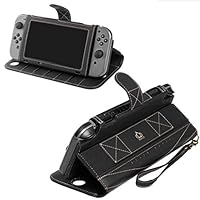 LINGLONGAN Leather Case for NS Nintendo Switch, High-Grade Meterial with Standing Fuction, Protective Folding Portable Dust Resistant Type with 10 Game Card Slots, Black