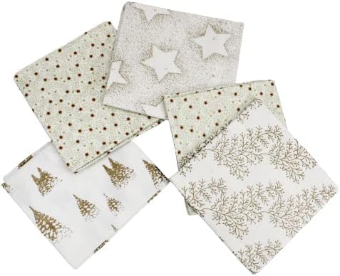 The Fabric Guys 5 Piece Christmas Fat Quarter 100% Cotton Fabric Bundle Red Green White Gold Foil Quilting Crafting Scrapbook Projects (White)