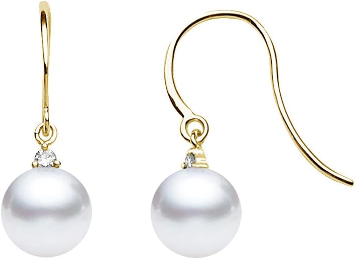 14k Yellow Gold AAAA Quality Japanese Akoya Cultured Pearl Diamond Dangle Earrings for Women - PremiumPearl