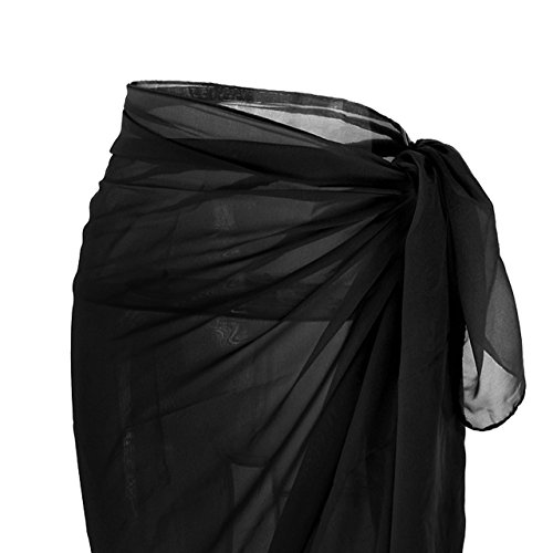CHIC DIARY Women Chiffon Pareo Beach Wrap Sarong Swimsuit Scarf Cover Up for Vacation (Pure Black)