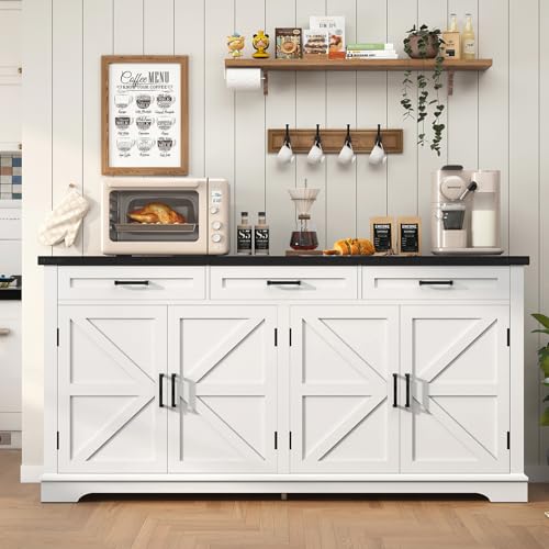 FIONESO 55”W Buffet Cabinet with 3 Large Drawers & 2 Adjustable Shelves, Farmhouse Sideboard Cabinet, Coffee Bar, TV Stand, for Kitchen,Living Room, White,40×140×80CM