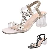 Lymphvity Women Rhinestone Flower Clear Block Heel Sandals,Fashion Elastic Ankle Strap Chunky High Heel Open Toe Sexy Elegant Dress Shoes Square Toe Heels Party Wedding Sandals