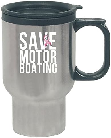 Mens Breast Cancer Awareness Save Motorboating Pink Ribon - Travel Mug