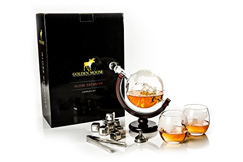 Whiskey Decanter Globe set with 2 etched Globe Whiskey Glasses & 8 stainless steel Whiskey Stones - for Vodka, Scotch, Liquor, Bourbon, Whiskey and Wine - 850ml Gift Set - Golden Moose - Thumbnail 2