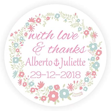 48 Round Personalised Stickers - with Love and Thanks - 40 mm Diameter Wreath Gift Stickers Wedding Stickers Baptism Birthday Party Favors Stickers, Christmas, Baby Shower, Candy Packing > Pink