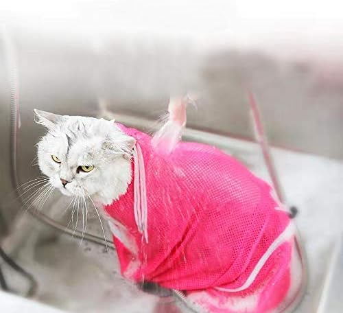 Yamia Pet Cat Grooming Bag, Adjustable Cat Restraint Bag Washing Shower Mesh Bag Cleaning Polyester Soft Mesh Scratch & Biting Resisted for Bathing Injecting Nail Trimming Ear Cleaning