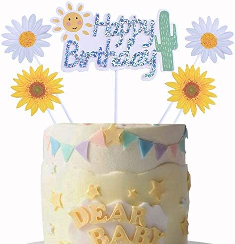 Shami ハッピーバースデー ケーキトッパー ひまわり カップケーキトッパー ピック 誕生日 婚約 パーティー 食品デコレーション カリグラフィーキラキラケーキトッパー 丈夫で厚みのある環境に優しい Hotelstatt Se