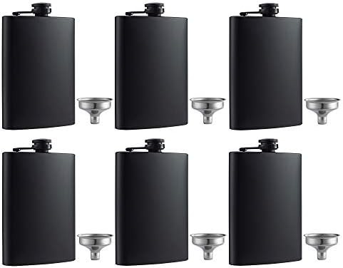 6 Pcs Hip Flask for Liquor Matte Black 8 Oz Stainless Steel Leakproof with Funnel, Great Gift Idea Flask