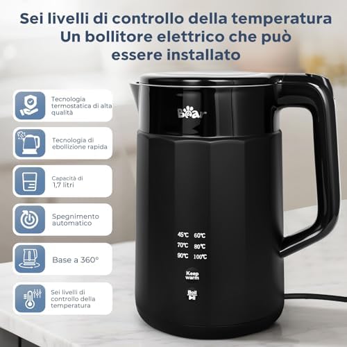 Bollitore elettrico 1800 W-2200 W, 1,7 l, 45 °C ~ 100 °C, con 6 regolazioni di temperatura, spegnimento automatico e funzione di mantenimento in caldo, acciaio inox 304, protezione asciutta